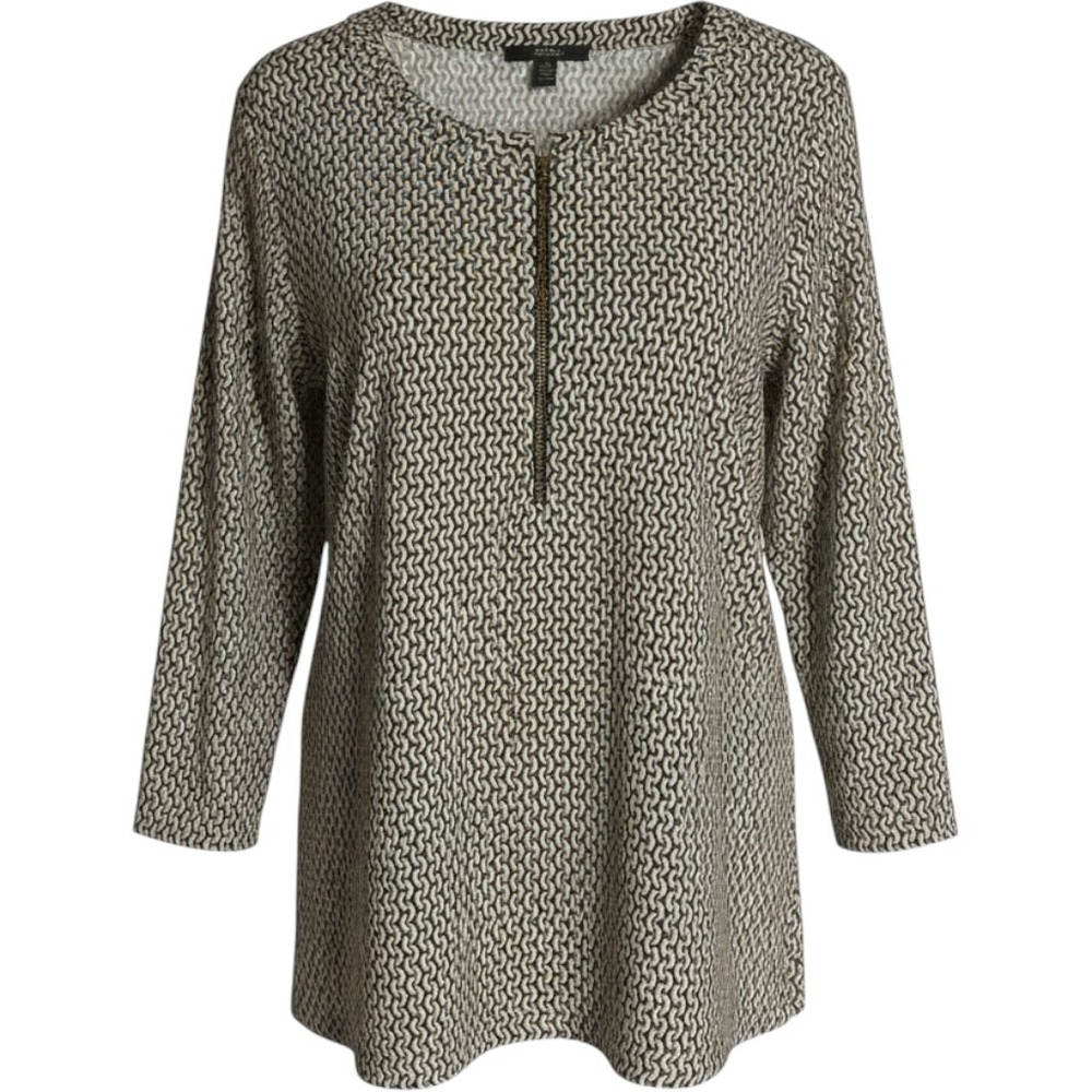 Tahari Woman Black Cream Geometric Wave Print 3/4 Sleeve Half Zip Blouse 1X Plus